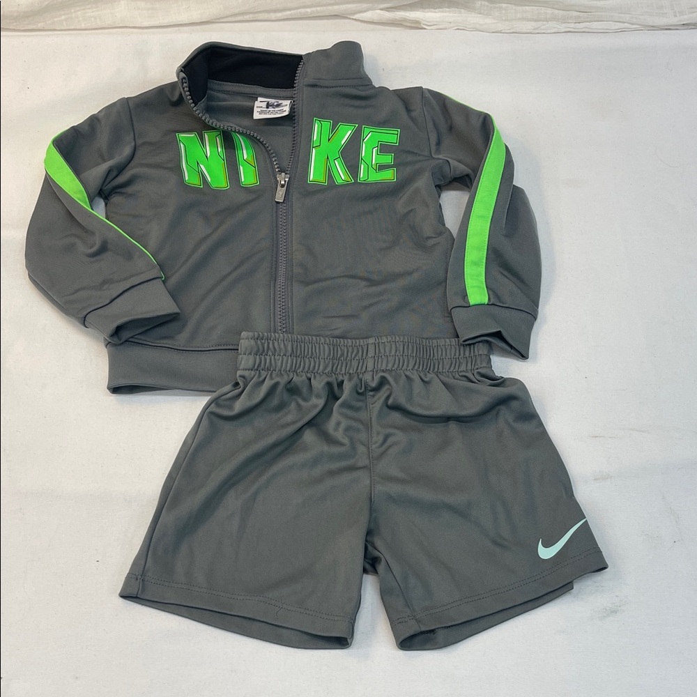 Nike Gray and Neon Green Kids Zip Jacket & Shorts Set size 2T